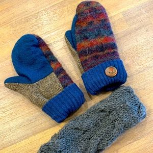 Handmade gloves from recycled sweaters, fleece lining + hand knitted headband
